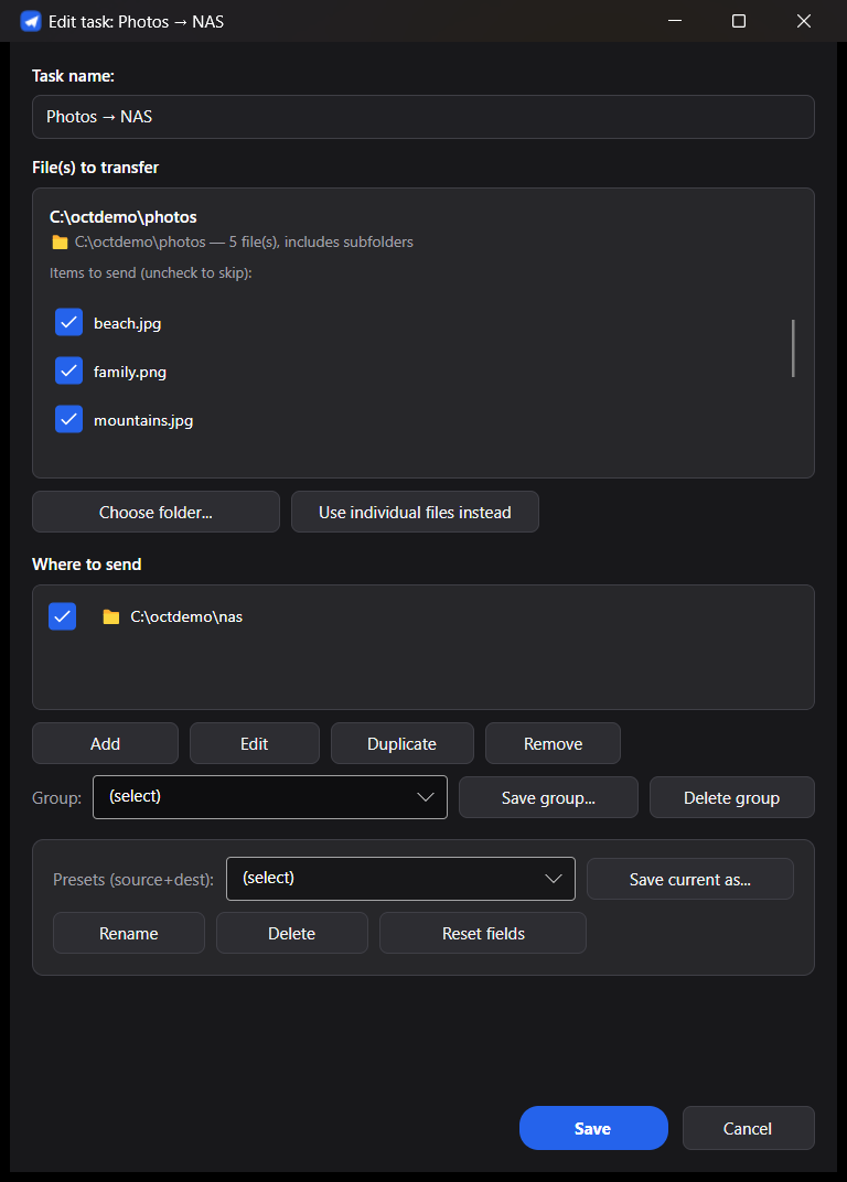 Edit task — folder source with exclude patterns, destinations, presets