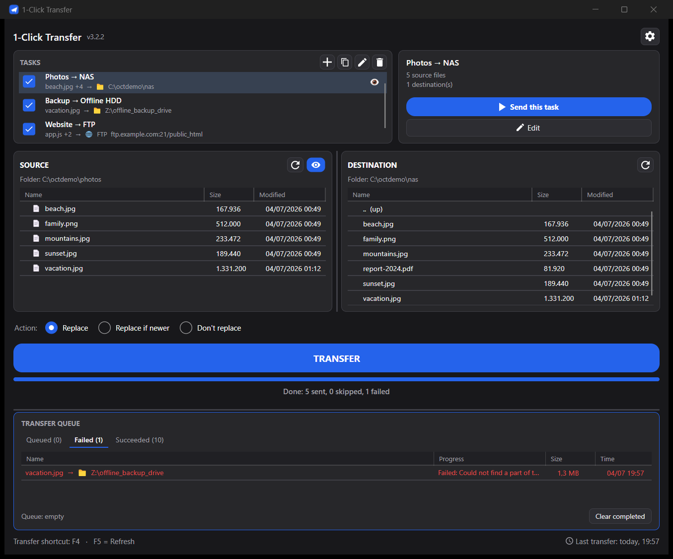 1-Click Transfer main window with transfer queue
