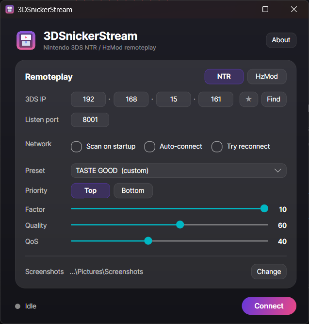 3DSnickerStream connection screen