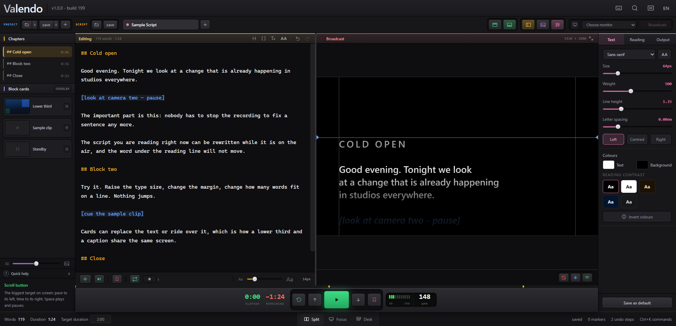 The Valendo operator window: editor on the left, an exact replica of the presenter's screen on the right